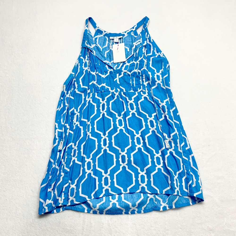 Escapada Geometric Trellis Tank Top Womens Size S Blue White Resort Sleeveless